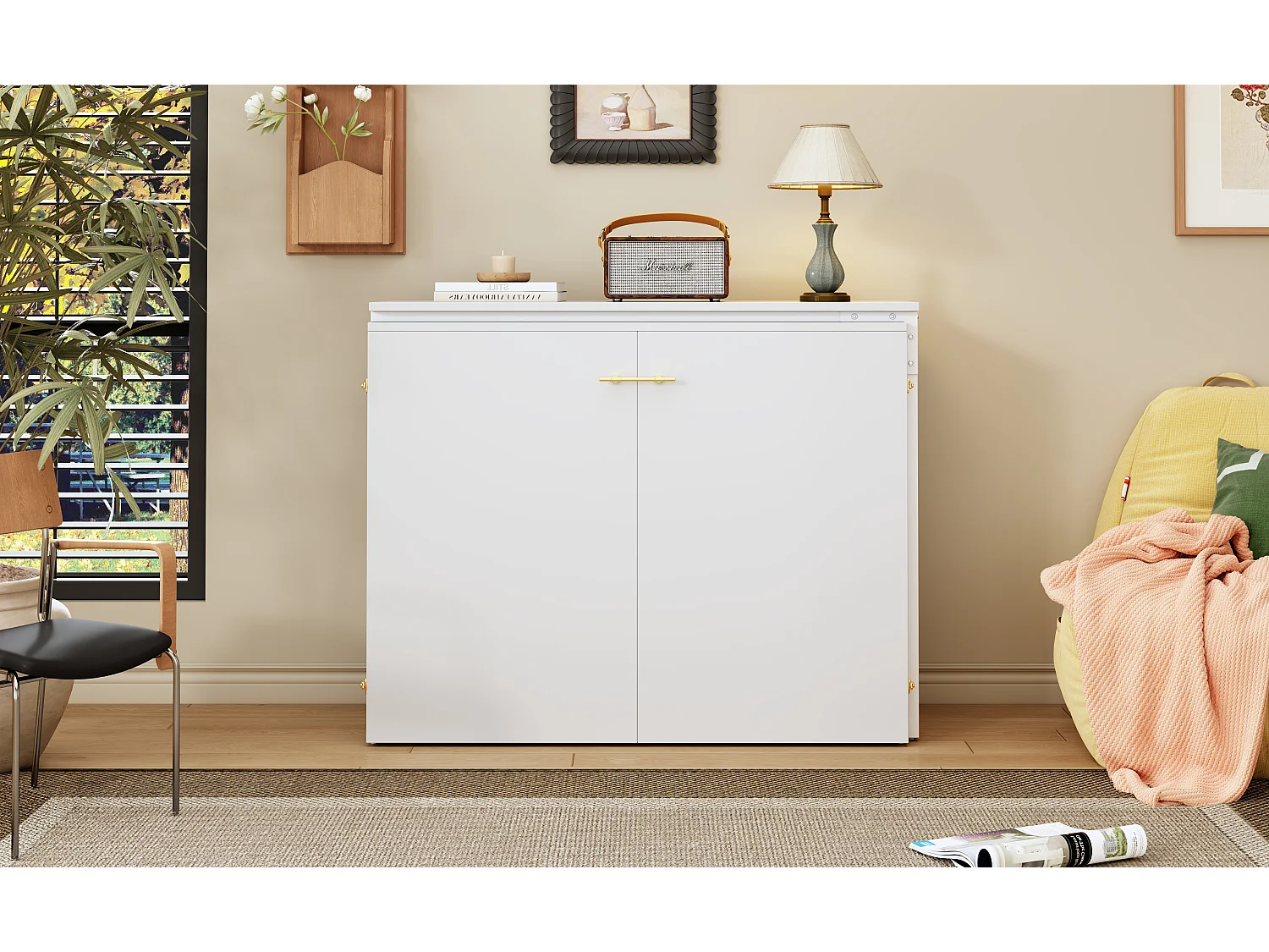 Lit escamotable 90x200 avec bureau pivotant et matelas, meuble gain de place mobile - blanc et bois