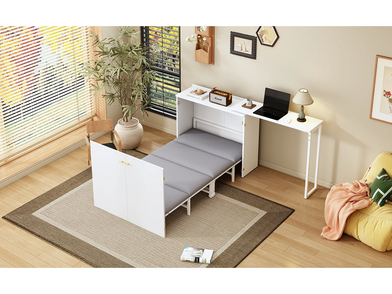 Lit escamotable 90x200 avec bureau pivotant et matelas, meuble gain de place mobile - blanc et bois