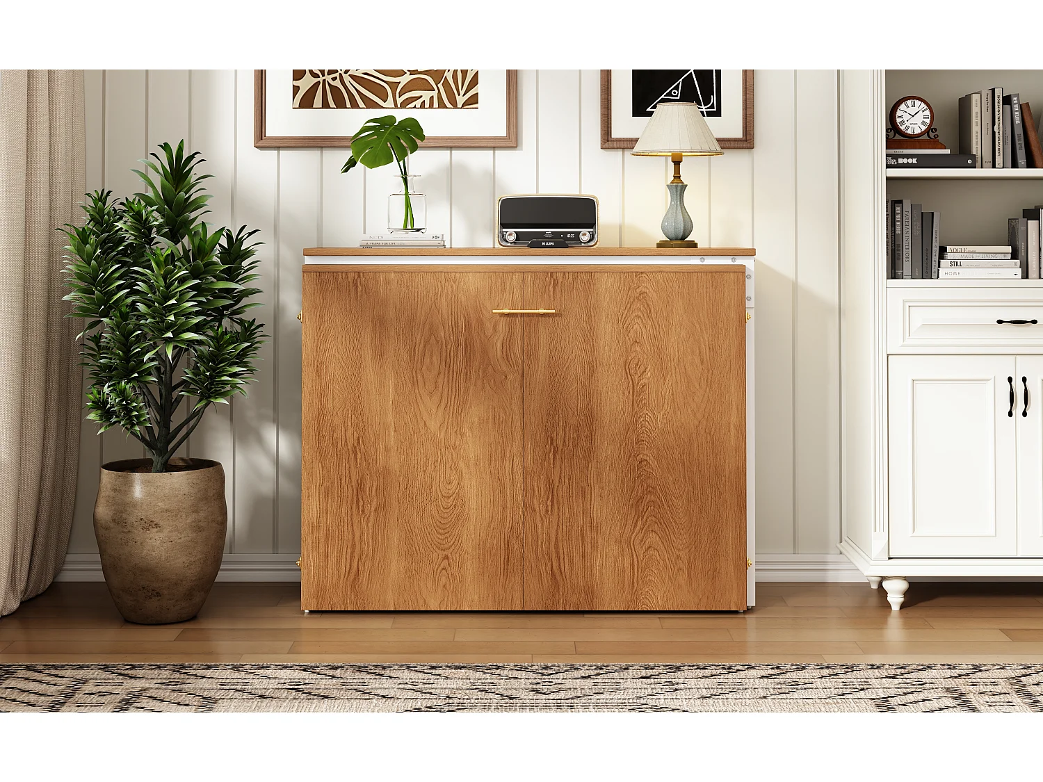 Lit escamotable 90x200 avec bureau pivotant et matelas, meuble gain de place mobile - naturel