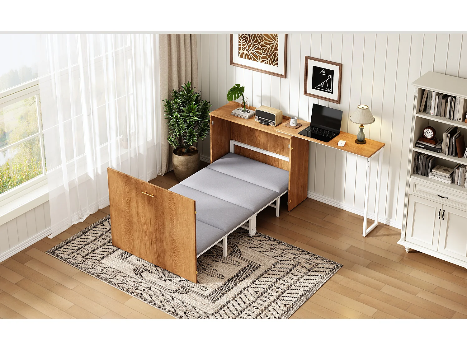 Lit escamotable 90x200 avec bureau pivotant et matelas, meuble gain de place mobile - naturel