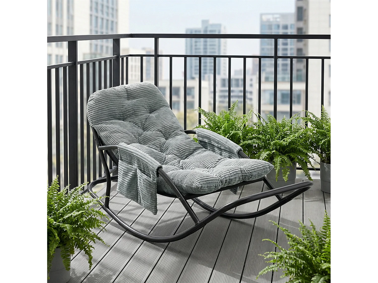 Fauteuil à bascule avec coussin épais en tissu rayé, chaise lounge à structure en acier pour salon, balcon ou terrasse