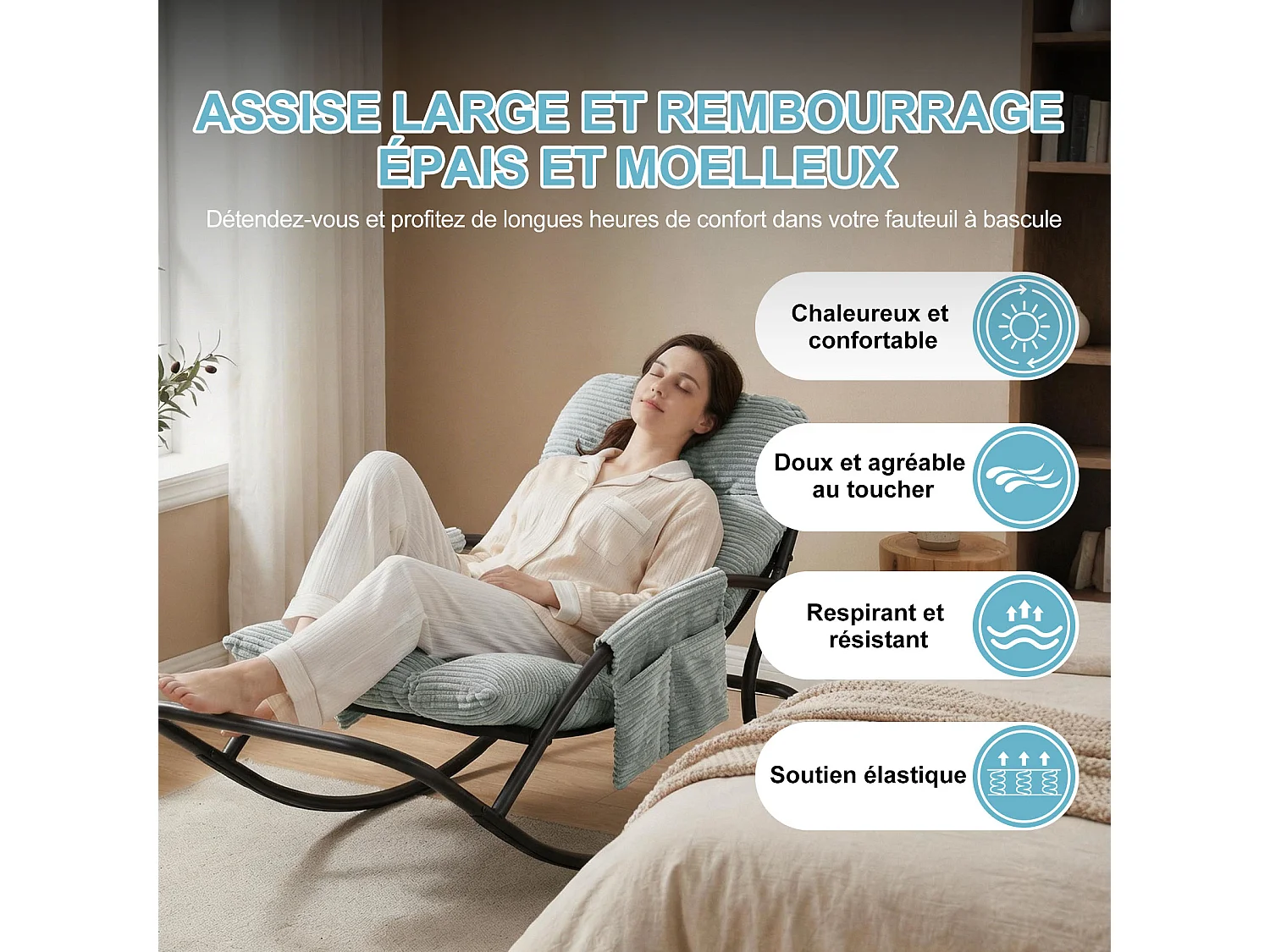 Fauteuil à bascule avec coussin épais en tissu rayé, chaise lounge à structure en acier pour salon, balcon ou terrasse
