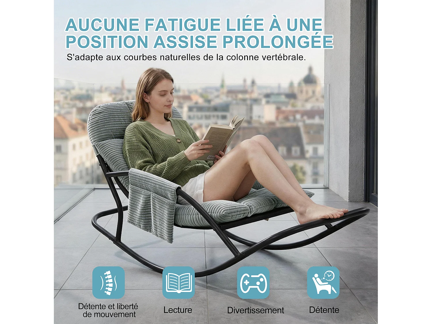 Fauteuil à bascule avec coussin épais en tissu rayé, chaise lounge à structure en acier pour salon, balcon ou terrasse