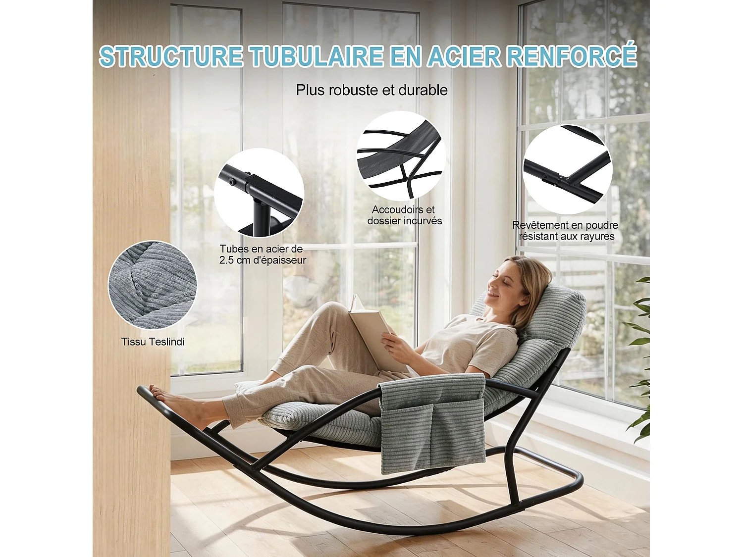 Fauteuil à bascule avec coussin épais en tissu rayé, chaise lounge à structure en acier pour salon, balcon ou terrasse
