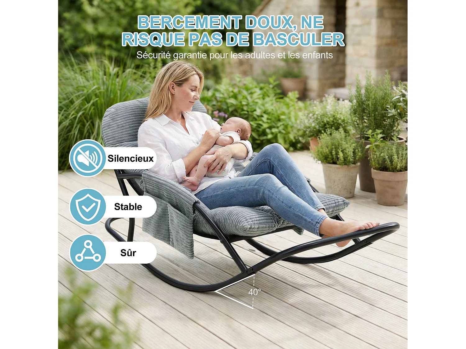 Fauteuil à bascule avec coussin épais en tissu rayé, chaise lounge à structure en acier pour salon, balcon ou terrasse