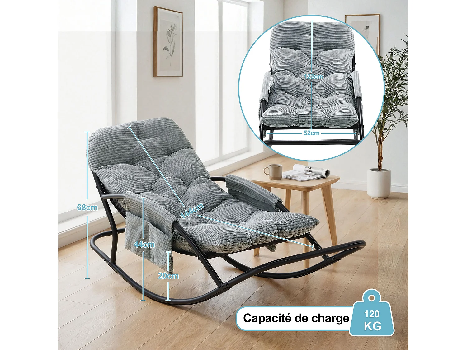 Fauteuil à bascule avec coussin épais en tissu rayé, chaise lounge à structure en acier pour salon, balcon ou terrasse