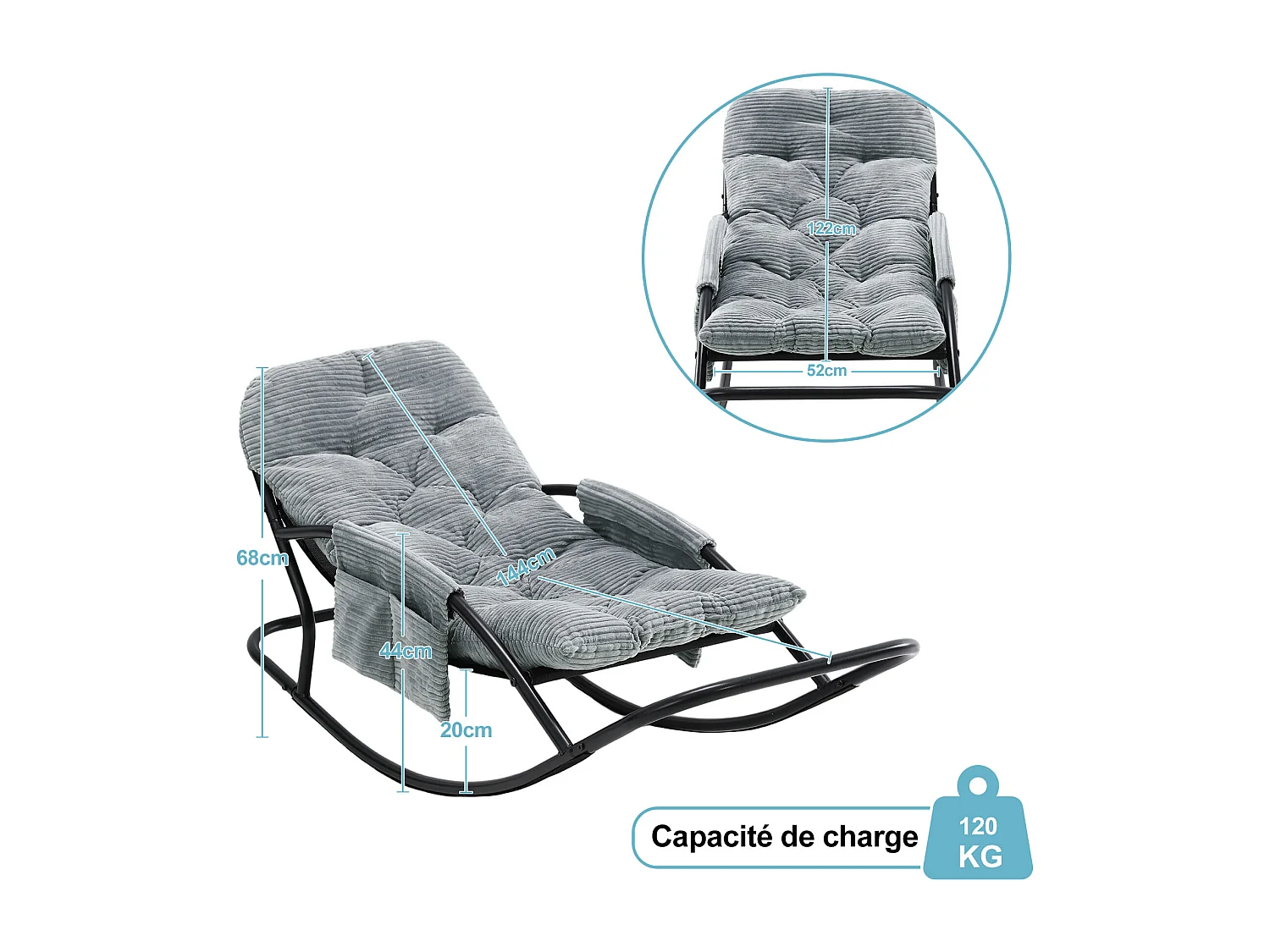 Fauteuil à bascule avec coussin épais en tissu rayé, chaise lounge à structure en acier pour salon, balcon ou terrasse