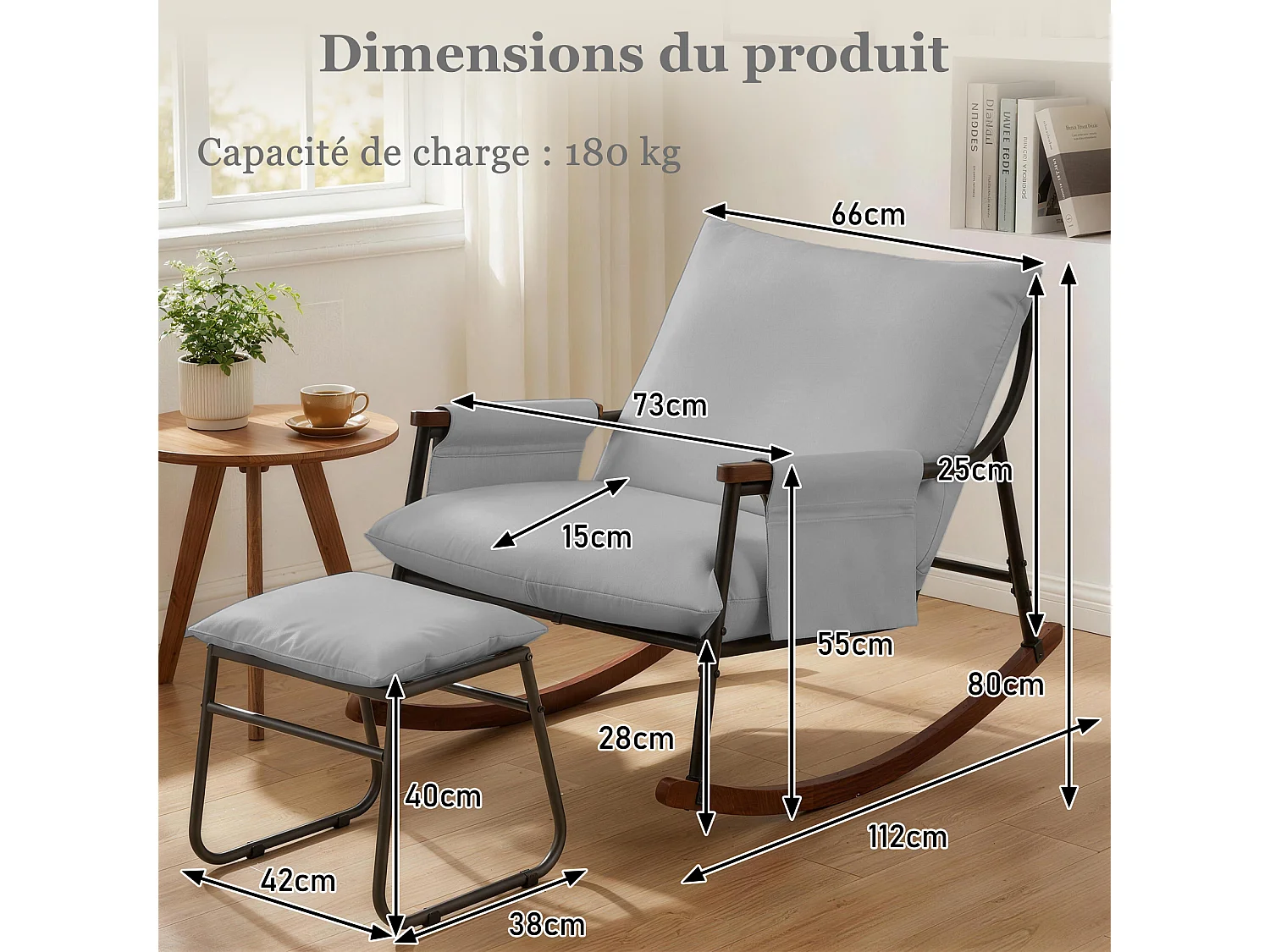 Élégant et Durable – Fauteuil à Bascule en Métal avec Accoudoirs en Bois et Repose-pieds, Coussin Épais de 15 cm, Revêtement en Tissu Technique Moderne, Parfait pou