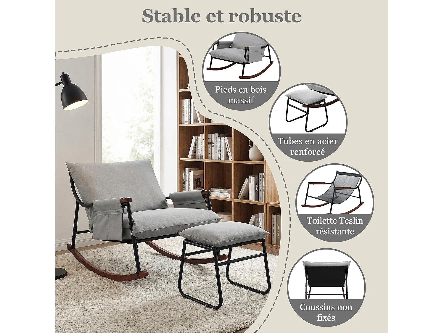 Élégant et Durable – Fauteuil à Bascule en Métal avec Accoudoirs en Bois et Repose-pieds, Coussin Épais de 15 cm, Revêtement en Tissu Technique Moderne, Parfait pou