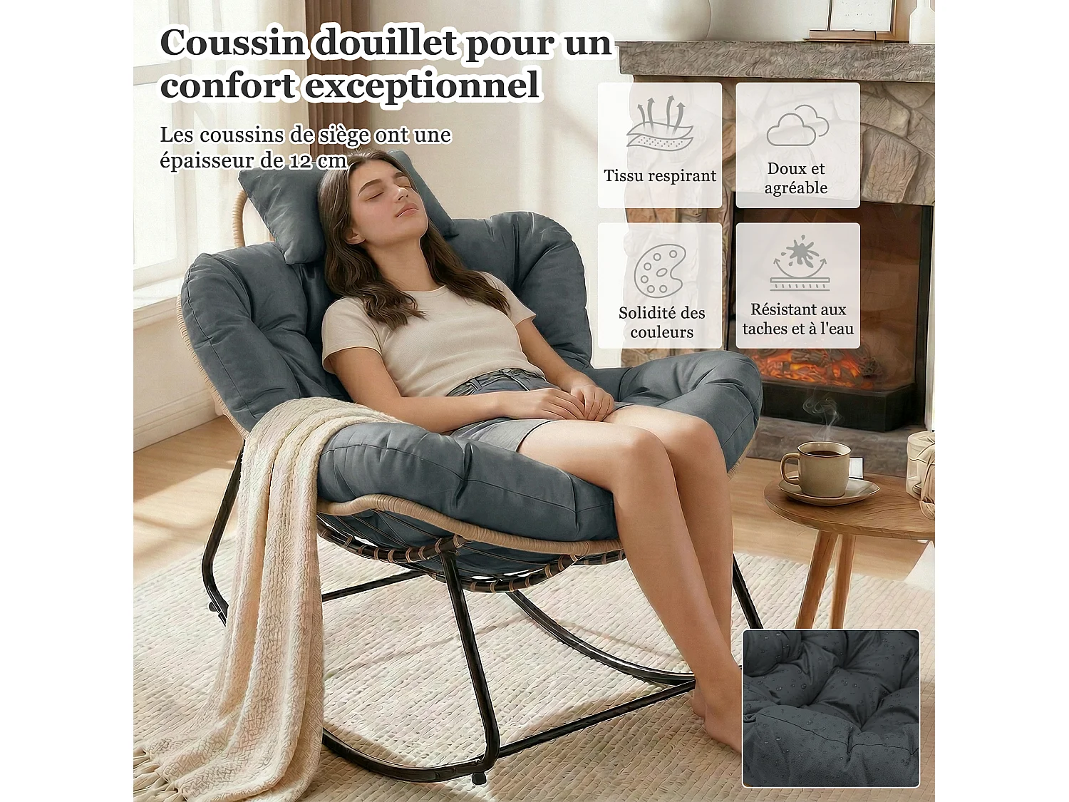 Chaise à Bascule Eggshell avec Tissu Technique – Design Moderne, Support Ergonomique et Confort Premium pour Votre Espace de Vie