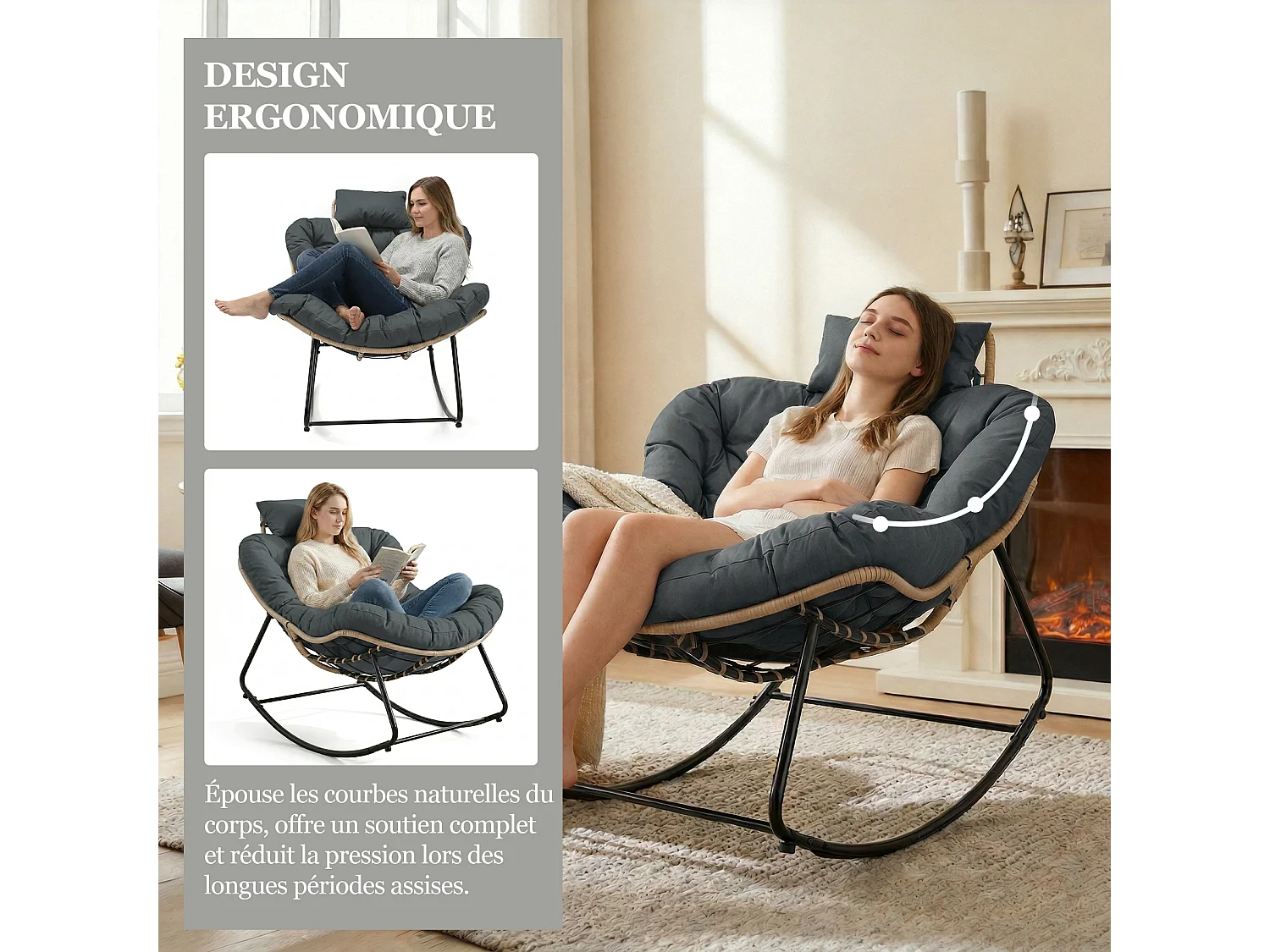 Chaise à Bascule Eggshell avec Tissu Technique – Design Moderne, Support Ergonomique et Confort Premium pour Votre Espace de Vie