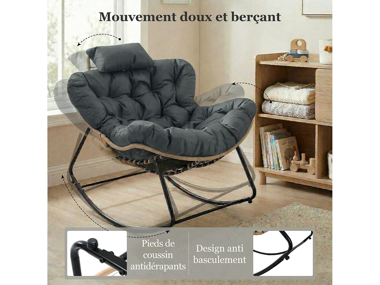 Chaise à Bascule Eggshell avec Tissu Technique – Design Moderne, Support Ergonomique et Confort Premium pour Votre Espace de Vie