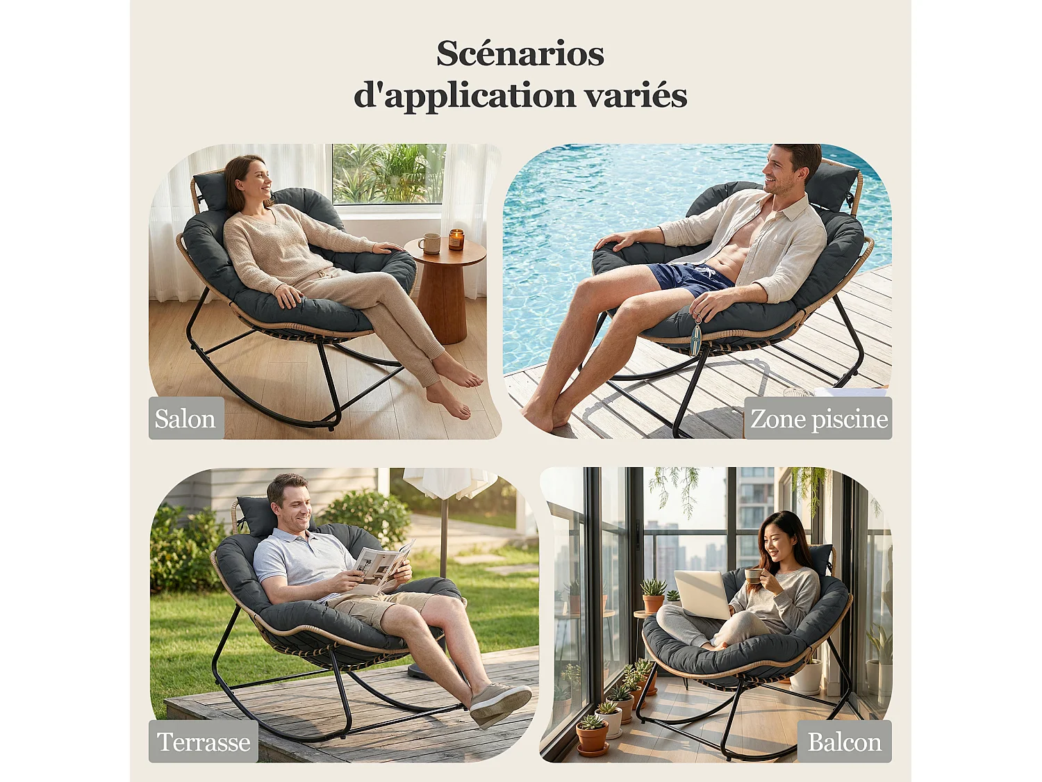 Chaise à Bascule Eggshell avec Tissu Technique – Design Moderne, Support Ergonomique et Confort Premium pour Votre Espace de Vie