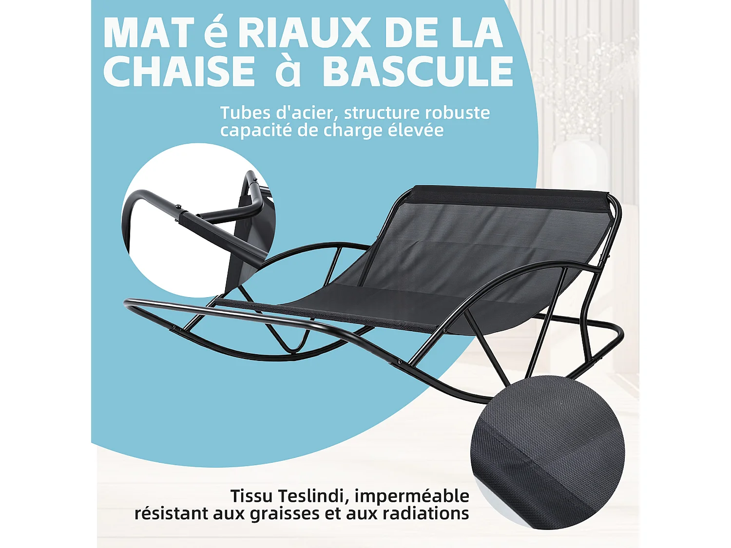 Fauteuil à bascule 2 places avec coussin en tissu technique – chaise lounge moderne à structure en acier pour balcon, terrasse ou salon