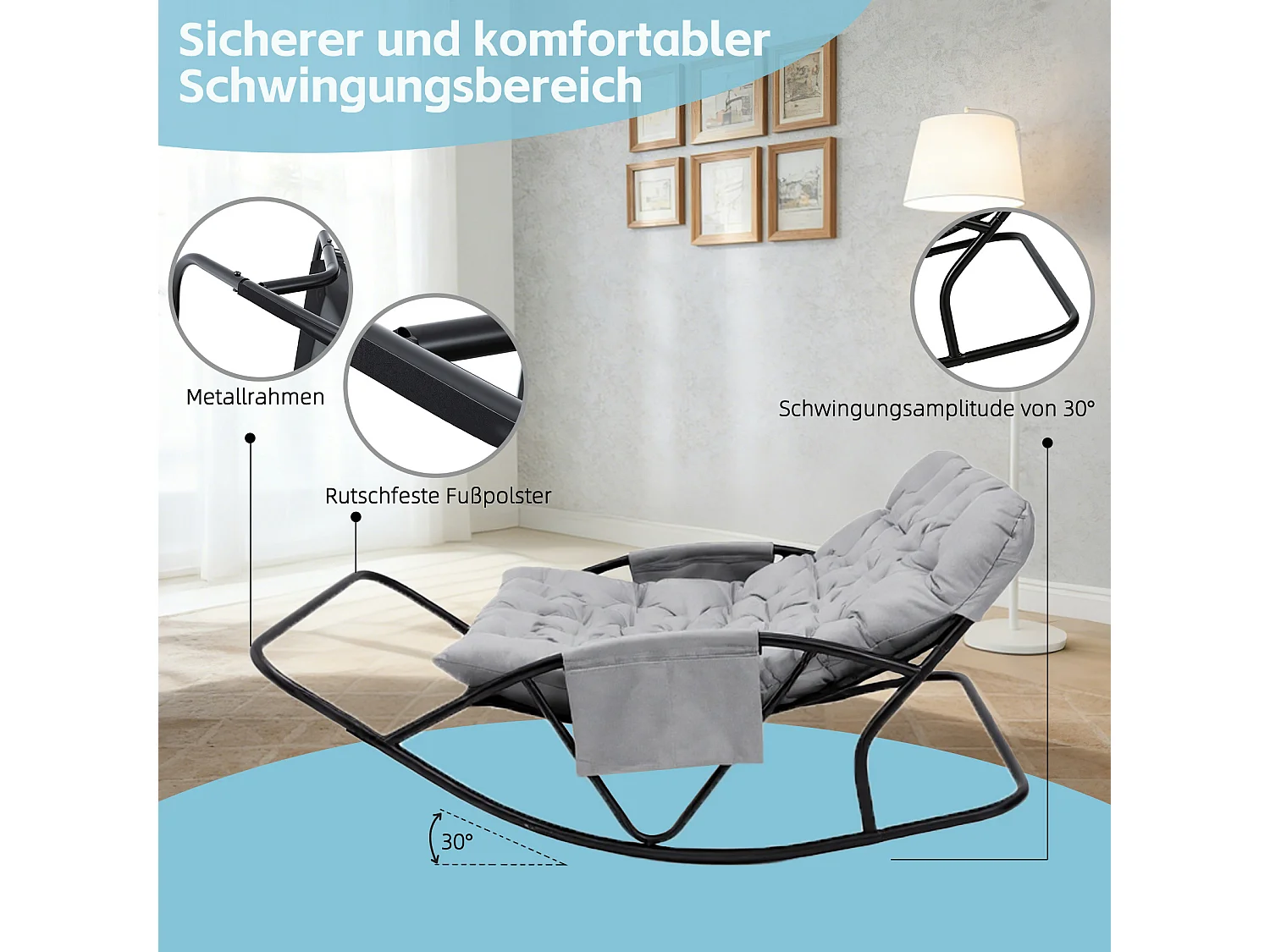 Fauteuil à bascule 2 places avec coussin en tissu technique – chaise lounge moderne à structure en acier pour balcon, terrasse ou salon