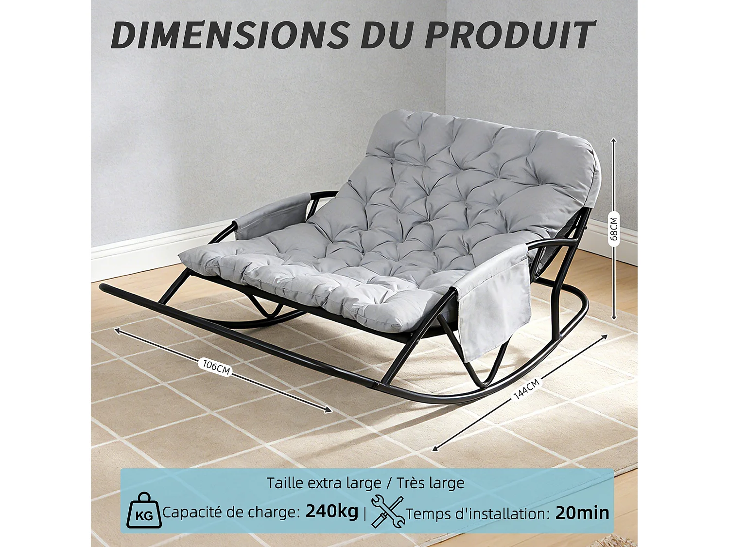 Fauteuil à bascule 2 places avec coussin en tissu technique – chaise lounge moderne à structure en acier pour balcon, terrasse ou salon
