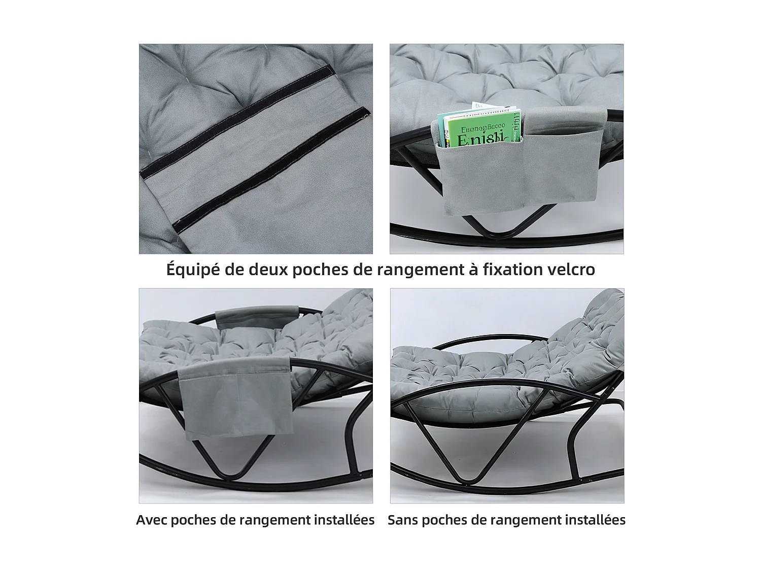 Fauteuil à bascule 2 places avec coussin en tissu technique – chaise lounge moderne à structure en acier pour balcon, terrasse ou salon