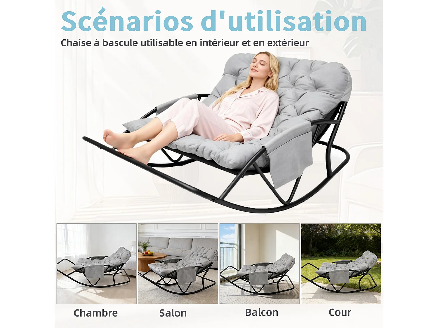 Fauteuil à bascule 2 places avec coussin en tissu technique – chaise lounge moderne à structure en acier pour balcon, terrasse ou salon