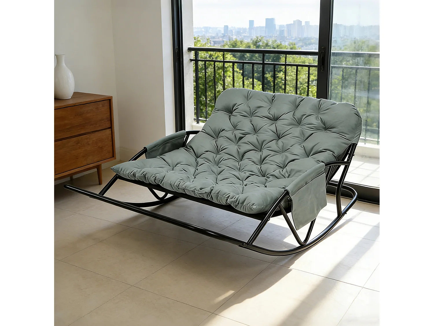 Fauteuil à bascule 2 places avec coussin en tissu technique – chaise lounge moderne à structure en acier pour balcon, terrasse ou salon