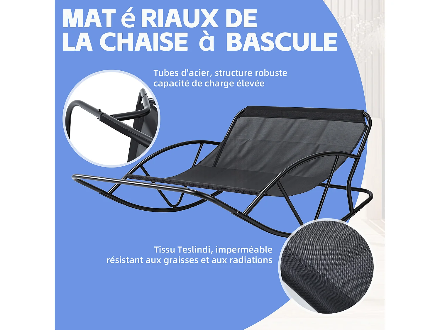 Fauteuil à bascule 2 places avec coussin en tissu technique – chaise lounge moderne à structure en acier pour balcon, terrasse ou salon