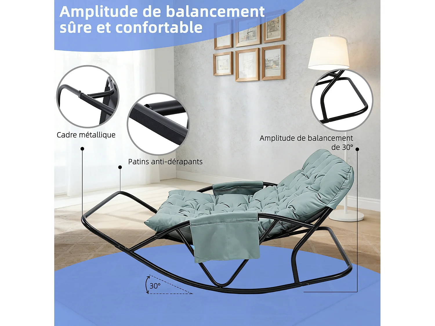 Fauteuil à bascule 2 places avec coussin en tissu technique – chaise lounge moderne à structure en acier pour balcon, terrasse ou salon