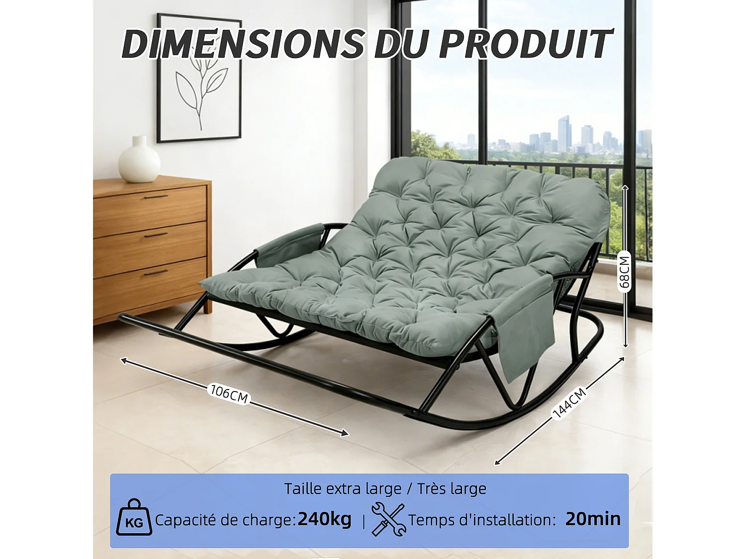 Fauteuil à bascule 2 places avec coussin en tissu technique – chaise lounge moderne à structure en acier pour balcon, terrasse ou salon