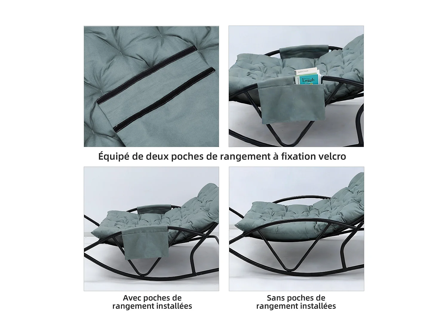 Fauteuil à bascule 2 places avec coussin en tissu technique – chaise lounge moderne à structure en acier pour balcon, terrasse ou salon