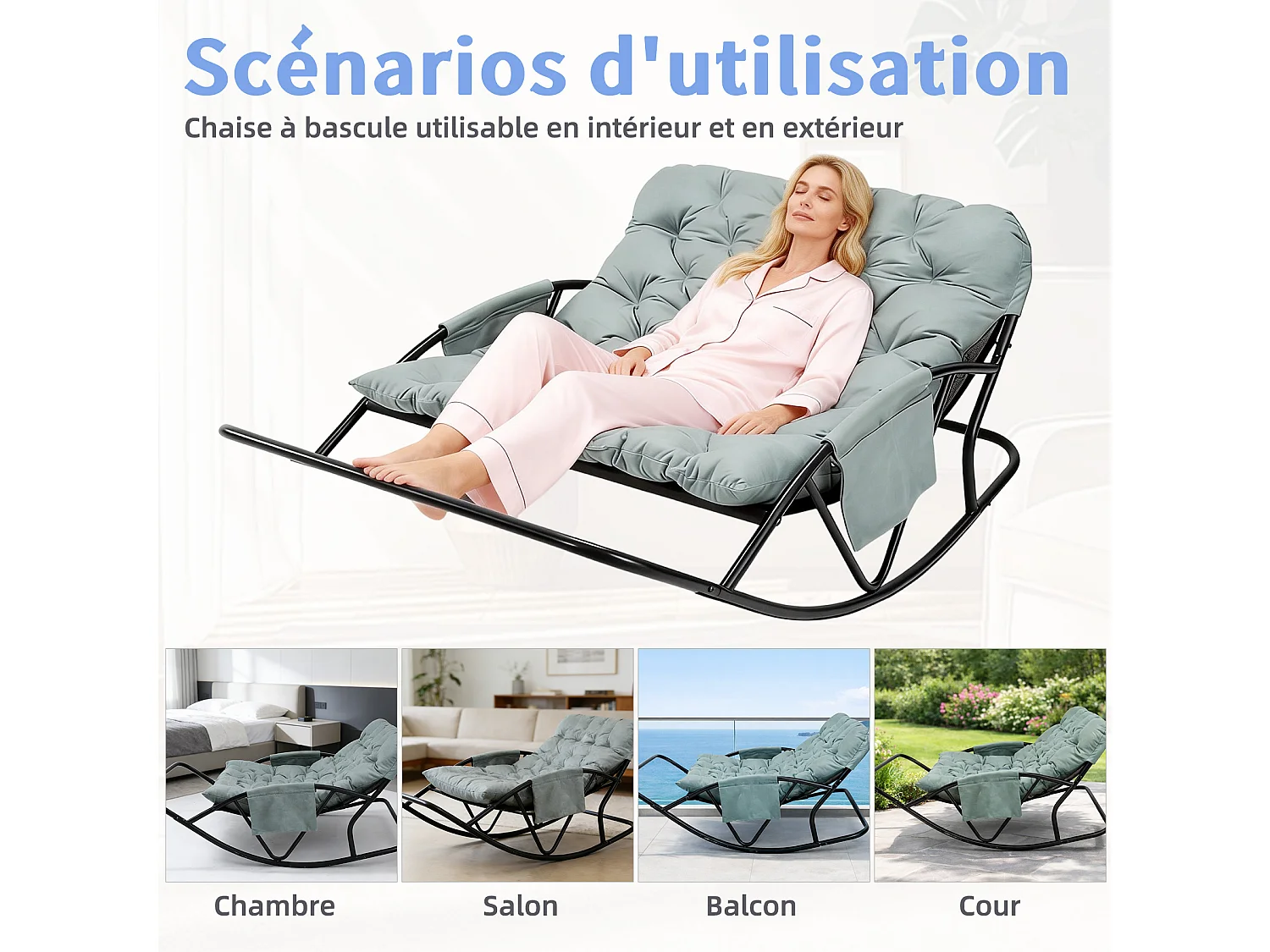 Fauteuil à bascule 2 places avec coussin en tissu technique – chaise lounge moderne à structure en acier pour balcon, terrasse ou salon