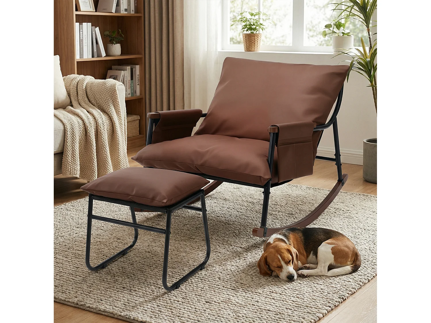 Élégant et Durable – Fauteuil à Bascule en Métal avec Accoudoirs en Bois et Repose-pieds, Coussin Épais de 15 cm, Revêtement en Tissu Technique Moderne, Parfait pou