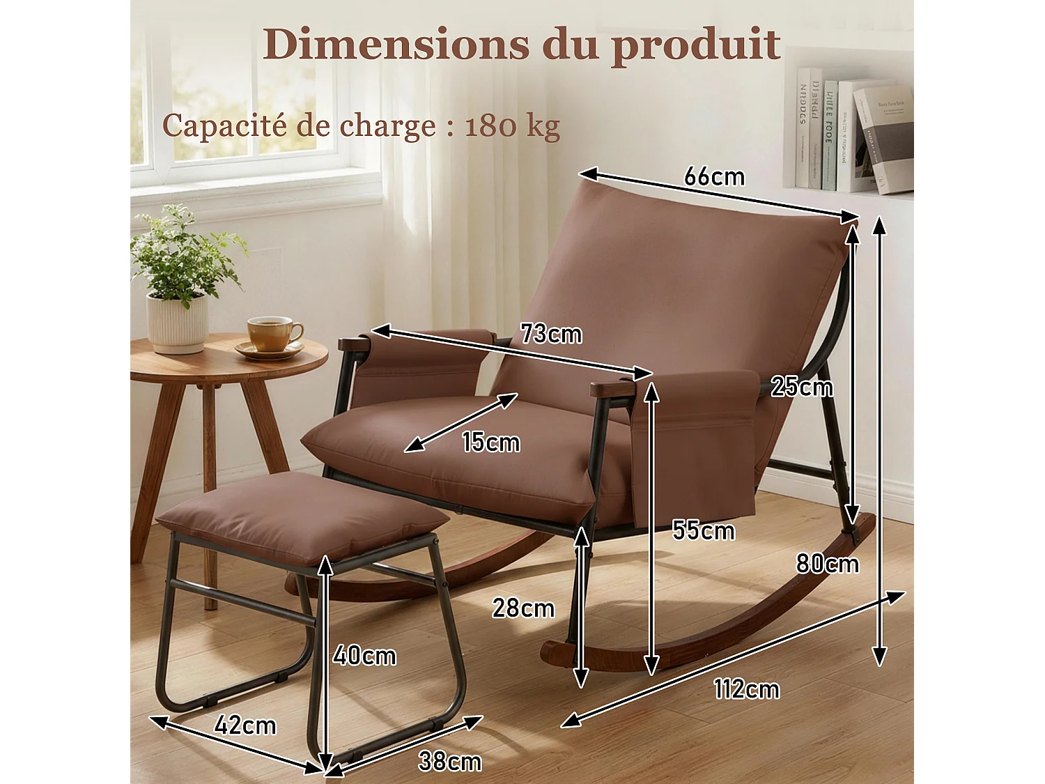 Élégant et Durable – Fauteuil à Bascule en Métal avec Accoudoirs en Bois et Repose-pieds, Coussin Épais de 15 cm, Revêtement en Tissu Technique Moderne, Parfait pou