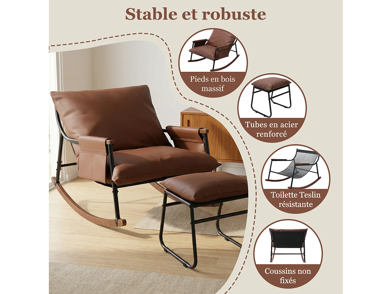 Élégant et Durable – Fauteuil à Bascule en Métal avec Accoudoirs en Bois et Repose-pieds, Coussin Épais de 15 cm, Revêtement en Tissu Technique Moderne, Parfait pou