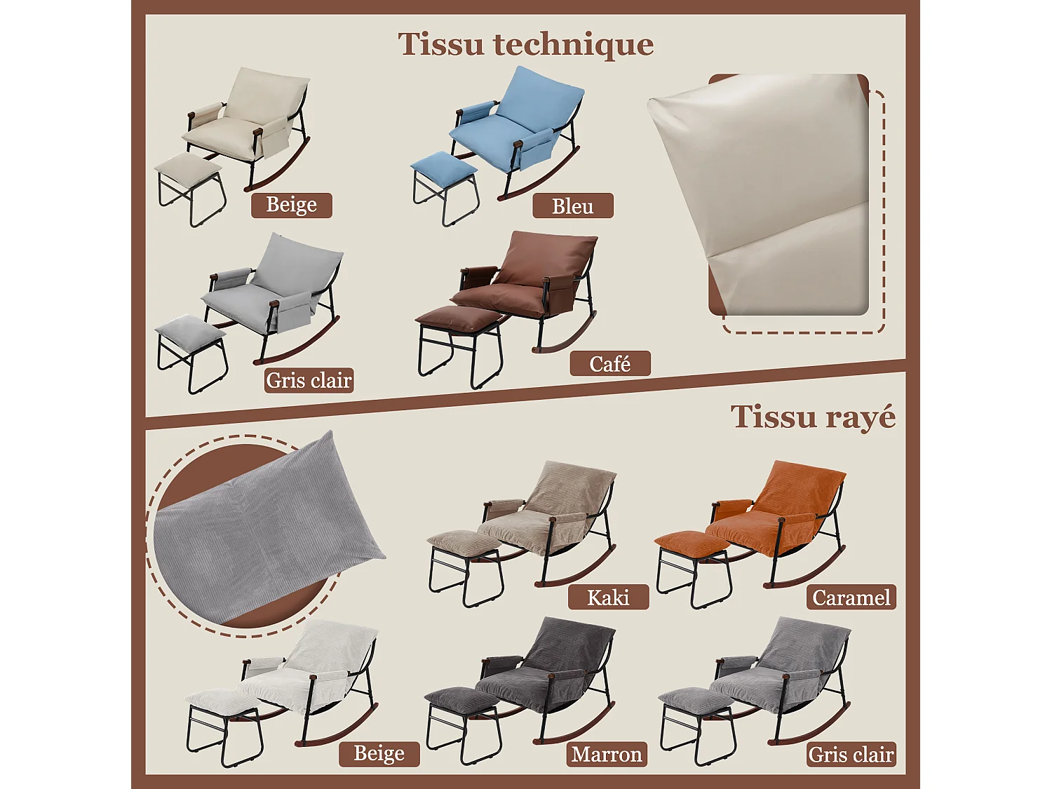 Élégant et Durable – Fauteuil à Bascule en Métal avec Accoudoirs en Bois et Repose-pieds, Coussin Épais de 15 cm, Revêtement en Tissu Technique Moderne, Parfait pou