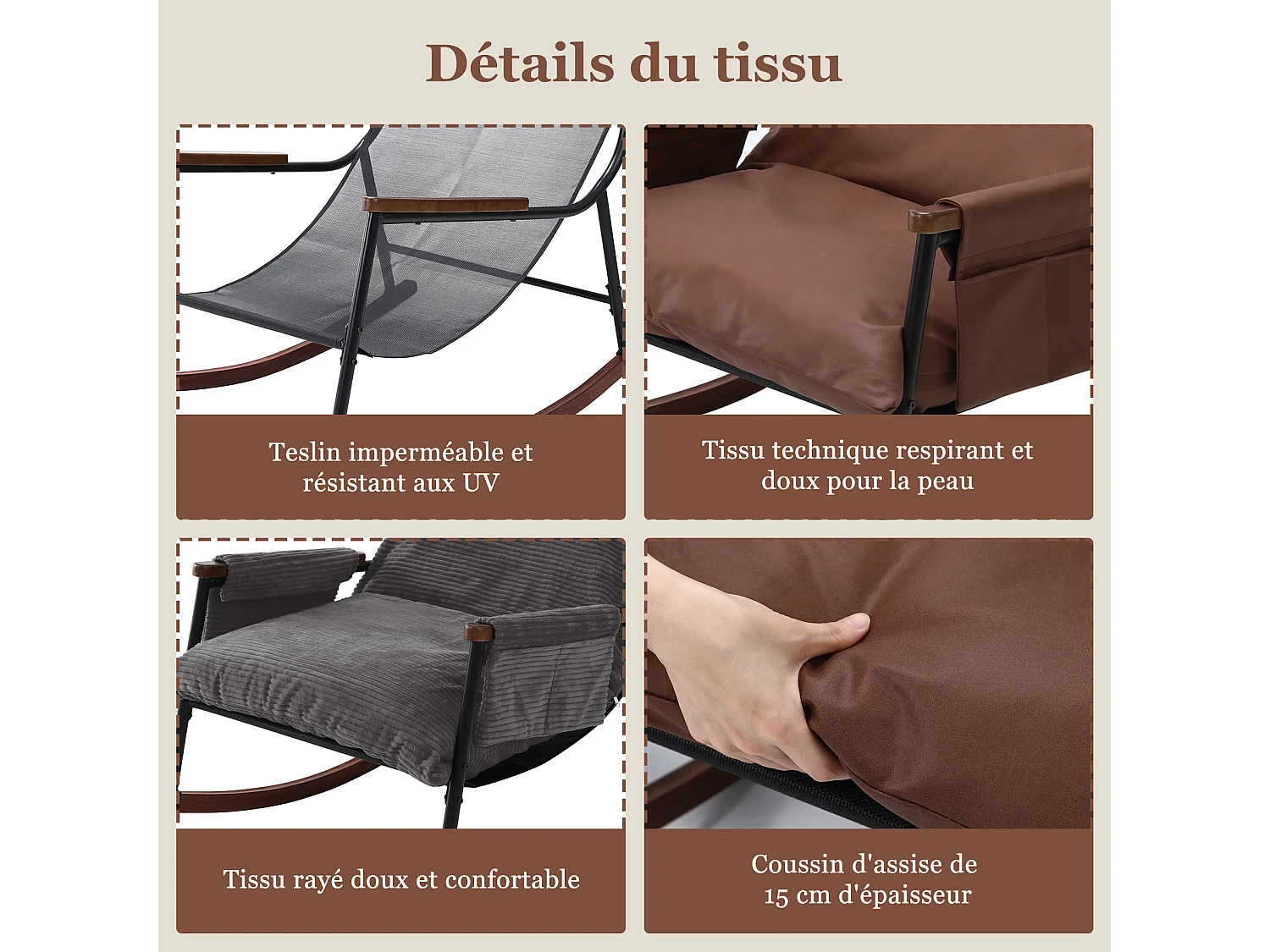 Élégant et Durable – Fauteuil à Bascule en Métal avec Accoudoirs en Bois et Repose-pieds, Coussin Épais de 15 cm, Revêtement en Tissu Technique Moderne, Parfait pou