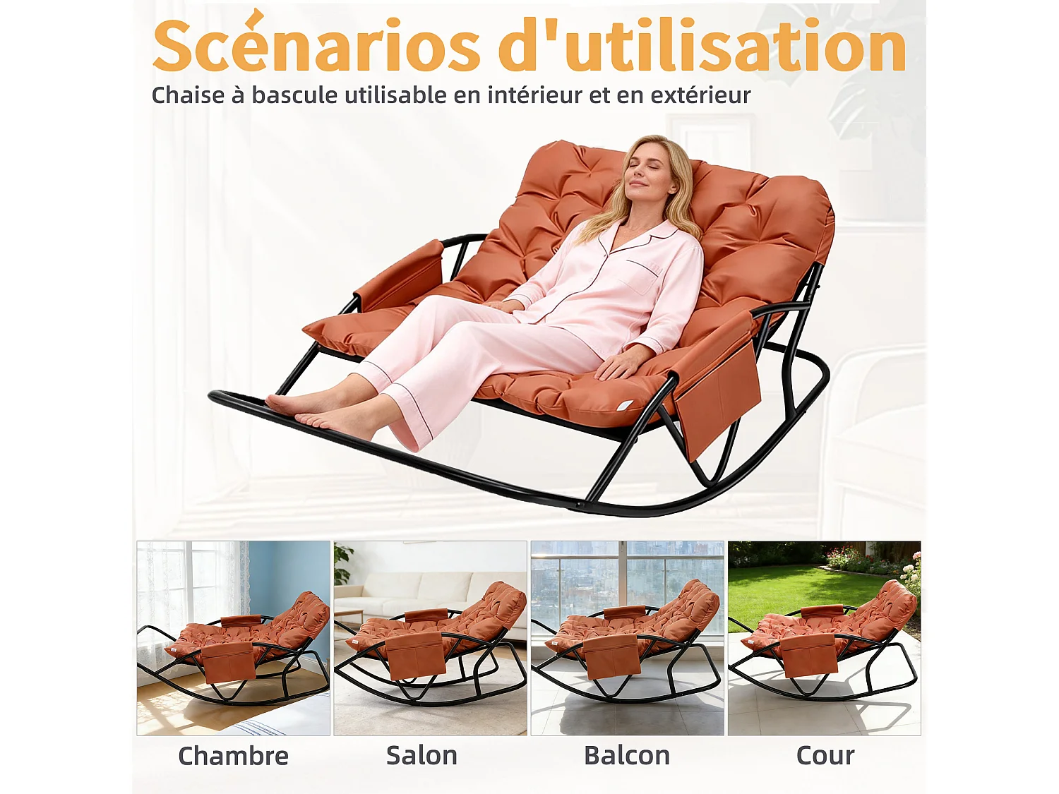 Fauteuil à bascule 2 places avec coussin en tissu technique – chaise lounge moderne à structure en acier pour balcon, terrasse ou salon