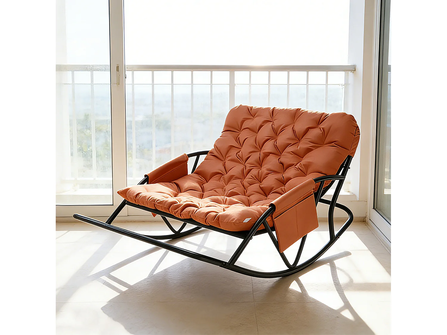 Fauteuil à bascule 2 places avec coussin en tissu technique – chaise lounge moderne à structure en acier pour balcon, terrasse ou salon