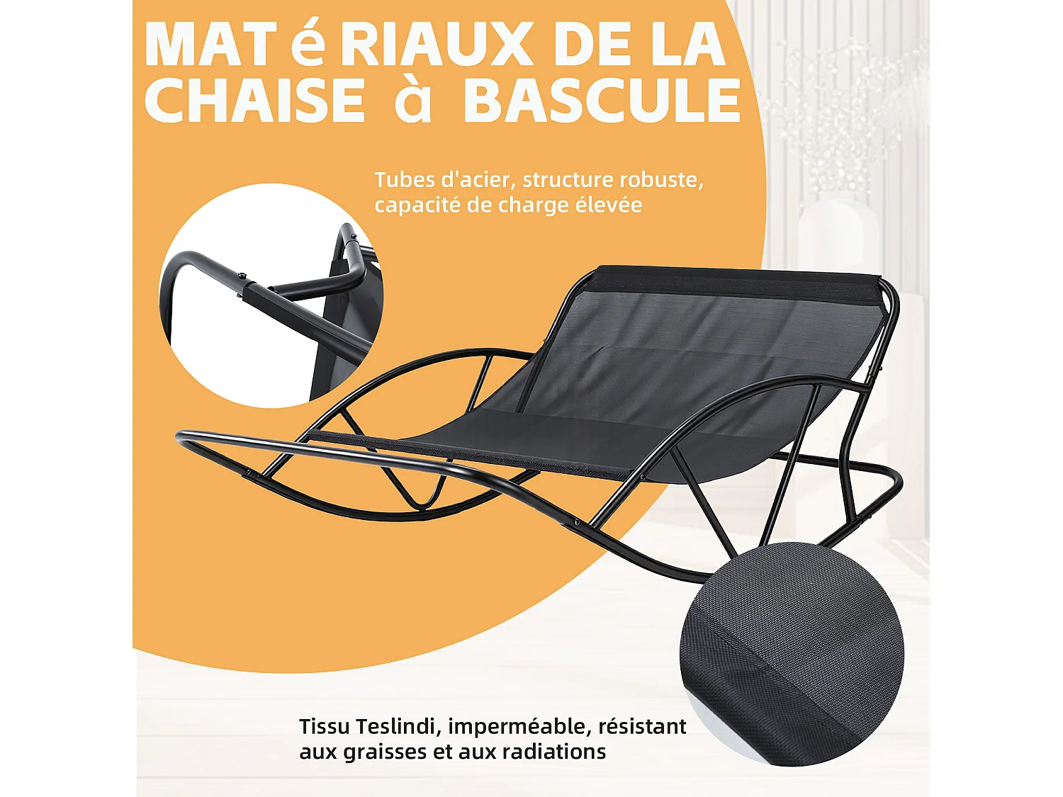 Fauteuil à bascule 2 places avec coussin en tissu technique – chaise lounge moderne à structure en acier pour balcon, terrasse ou salon