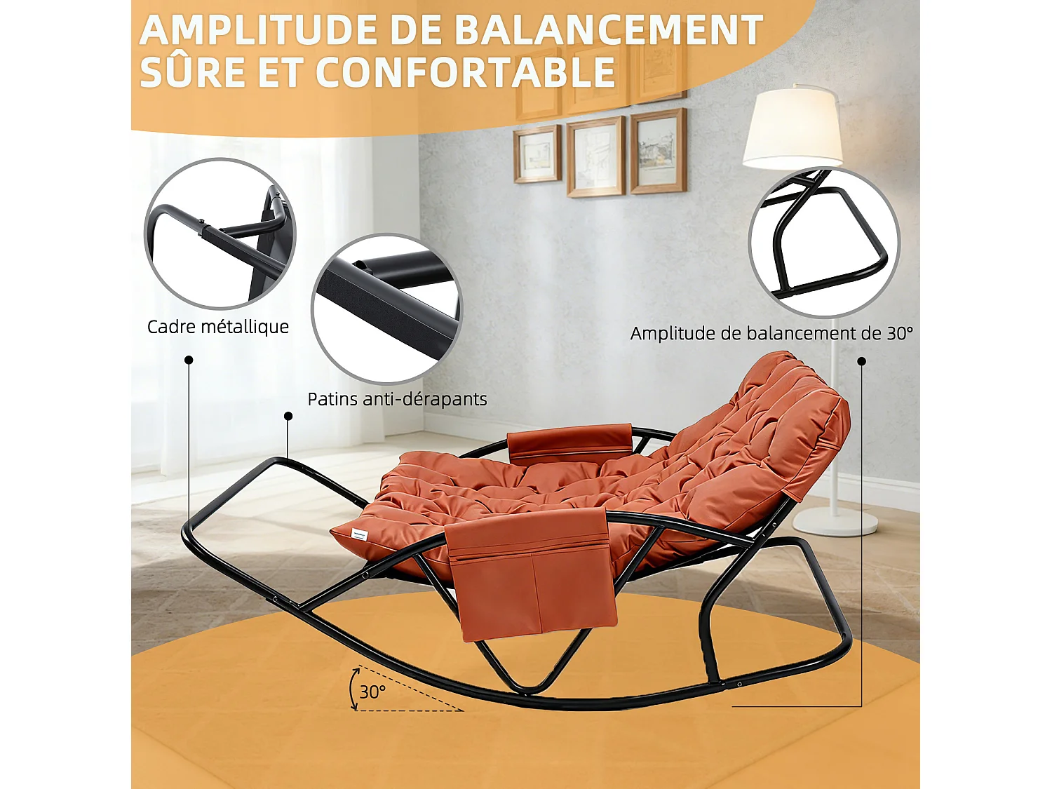 Fauteuil à bascule 2 places avec coussin en tissu technique – chaise lounge moderne à structure en acier pour balcon, terrasse ou salon