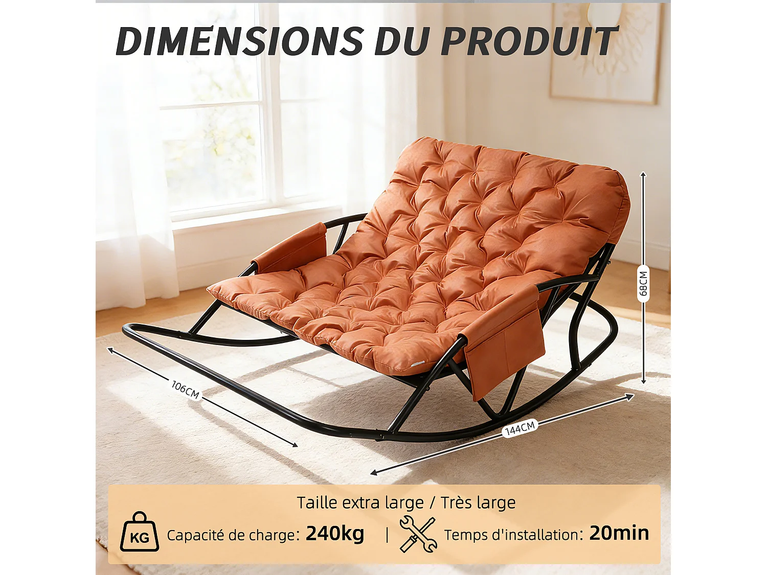 Fauteuil à bascule 2 places avec coussin en tissu technique – chaise lounge moderne à structure en acier pour balcon, terrasse ou salon