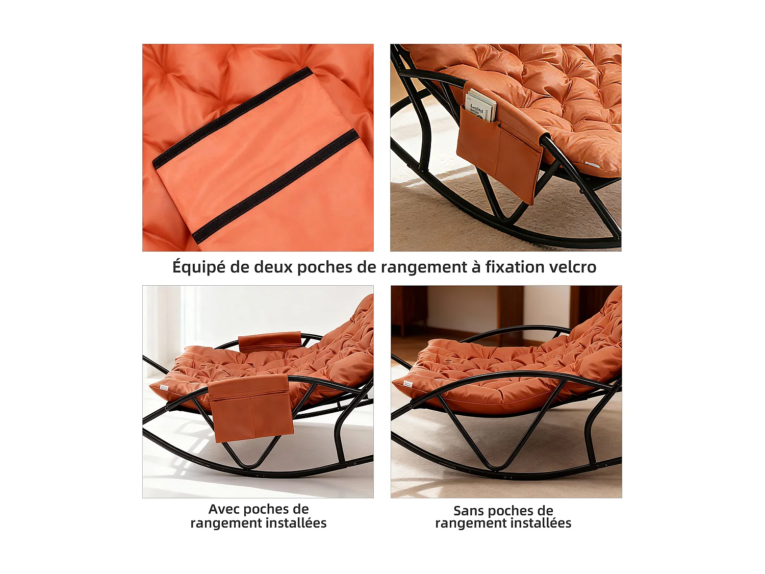 Fauteuil à bascule 2 places avec coussin en tissu technique – chaise lounge moderne à structure en acier pour balcon, terrasse ou salon