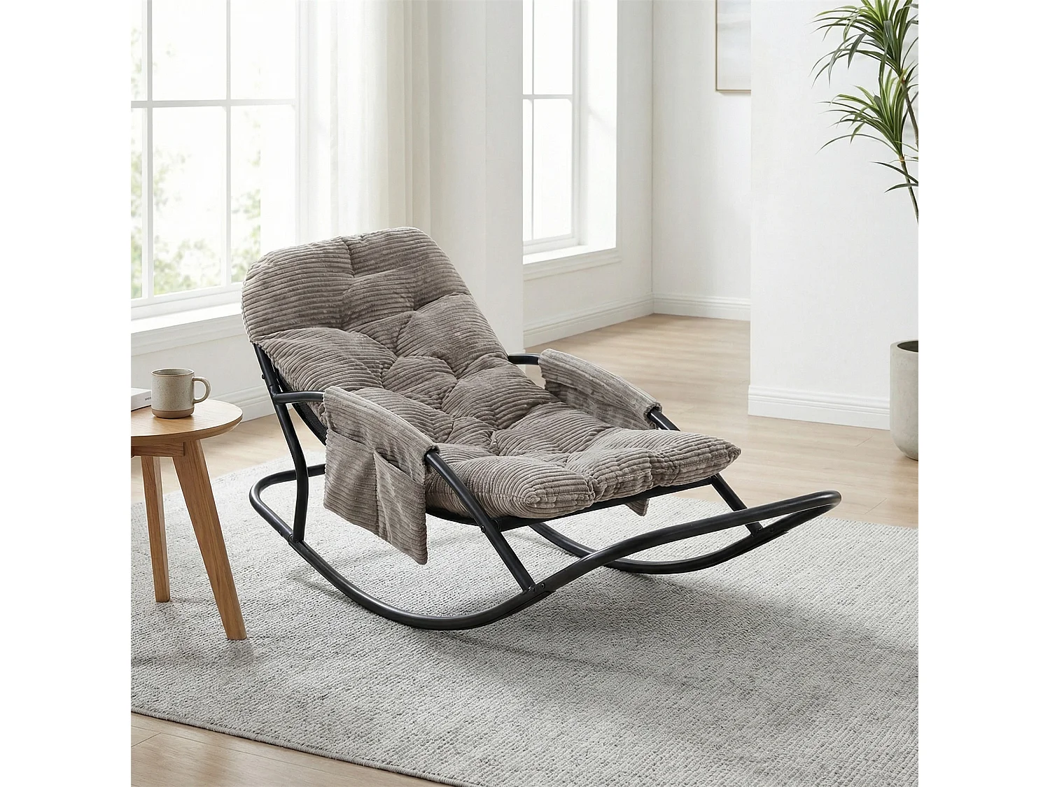 Fauteuil à bascule avec coussin épais en tissu rayé, chaise lounge à structure en acier pour salon, balcon ou terrasse