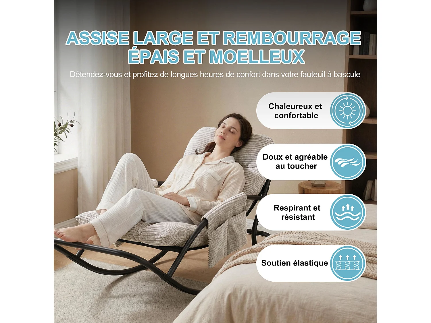 Fauteuil à bascule avec coussin épais en tissu rayé, chaise lounge à structure en acier pour salon, balcon ou terrasse