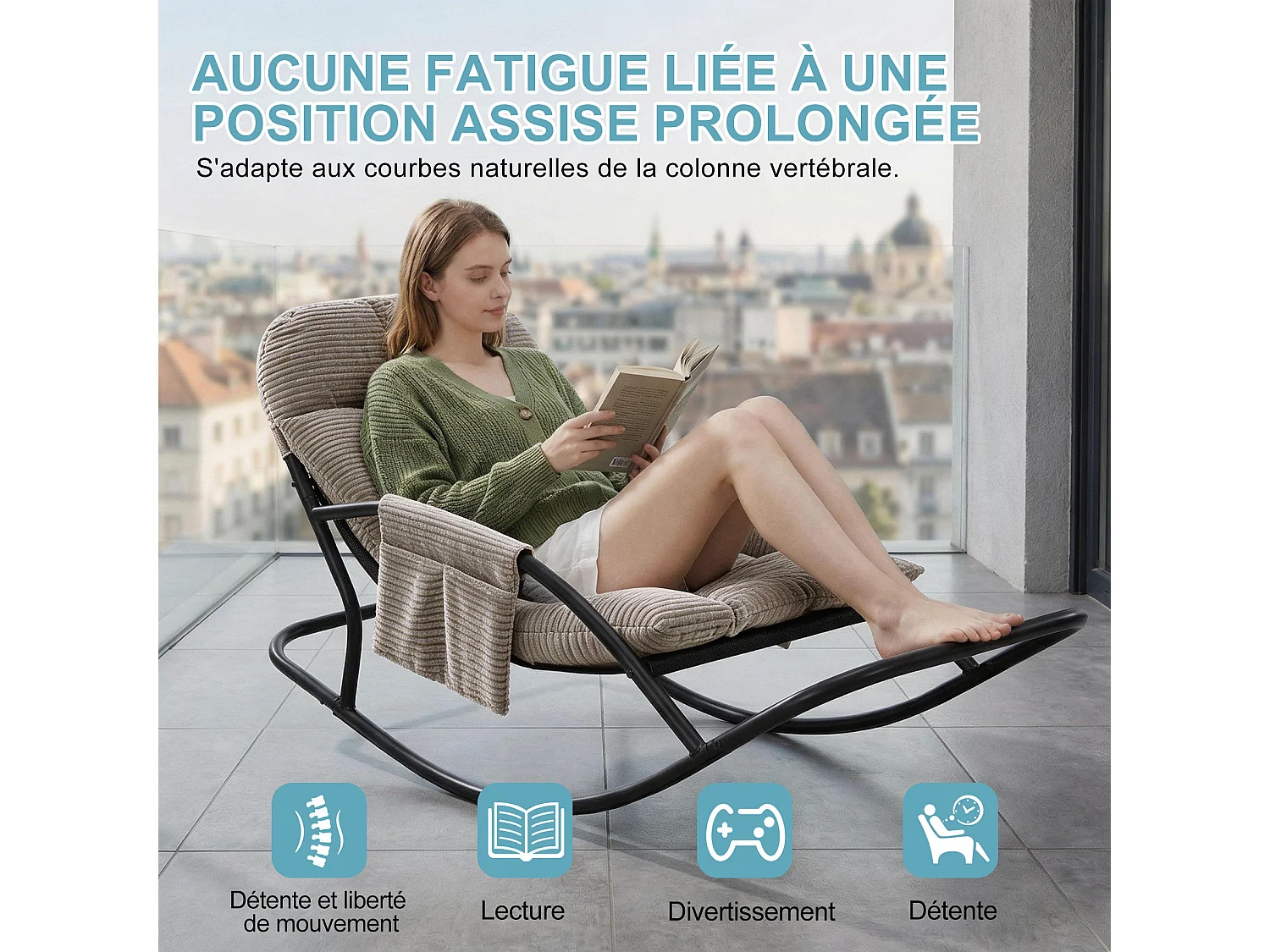 Fauteuil à bascule avec coussin épais en tissu rayé, chaise lounge à structure en acier pour salon, balcon ou terrasse