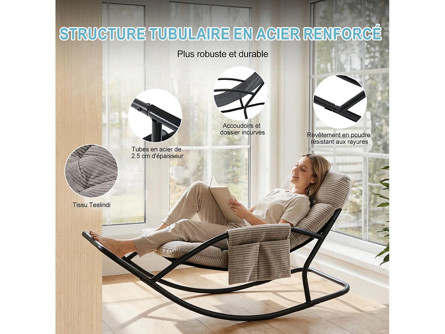 Fauteuil à bascule avec coussin épais en tissu rayé, chaise lounge à structure en acier pour salon, balcon ou terrasse