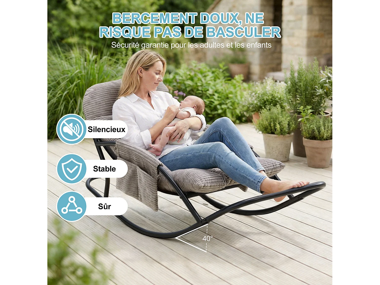 Fauteuil à bascule avec coussin épais en tissu rayé, chaise lounge à structure en acier pour salon, balcon ou terrasse