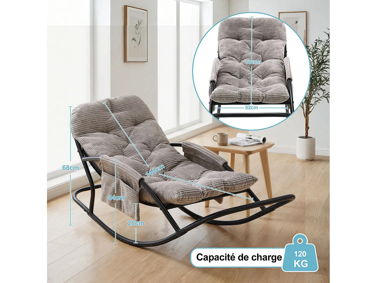 Fauteuil à bascule avec coussin épais en tissu rayé, chaise lounge à structure en acier pour salon, balcon ou terrasse
