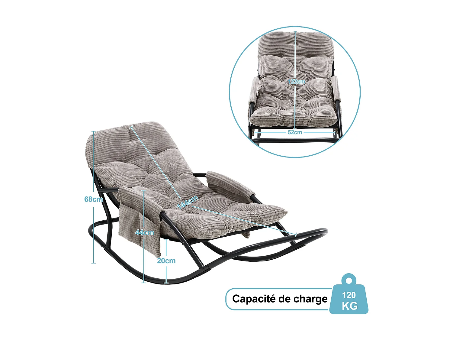 Fauteuil à bascule avec coussin épais en tissu rayé, chaise lounge à structure en acier pour salon, balcon ou terrasse