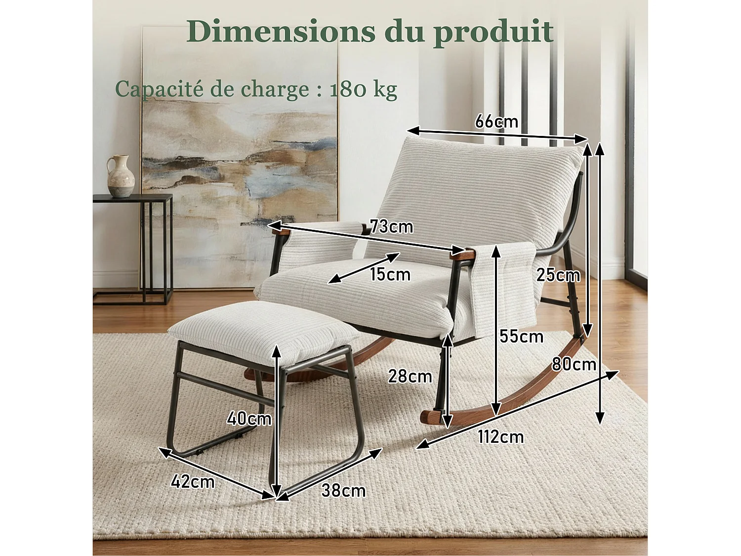 Confort Exceptionnel – Fauteuil à Bascule en Métal avec Accoudoirs en Bois et Repose-pieds, Coussin Épais de 15 cm, Design Moderne en Tissu Rayé, Idéal pour le Salo