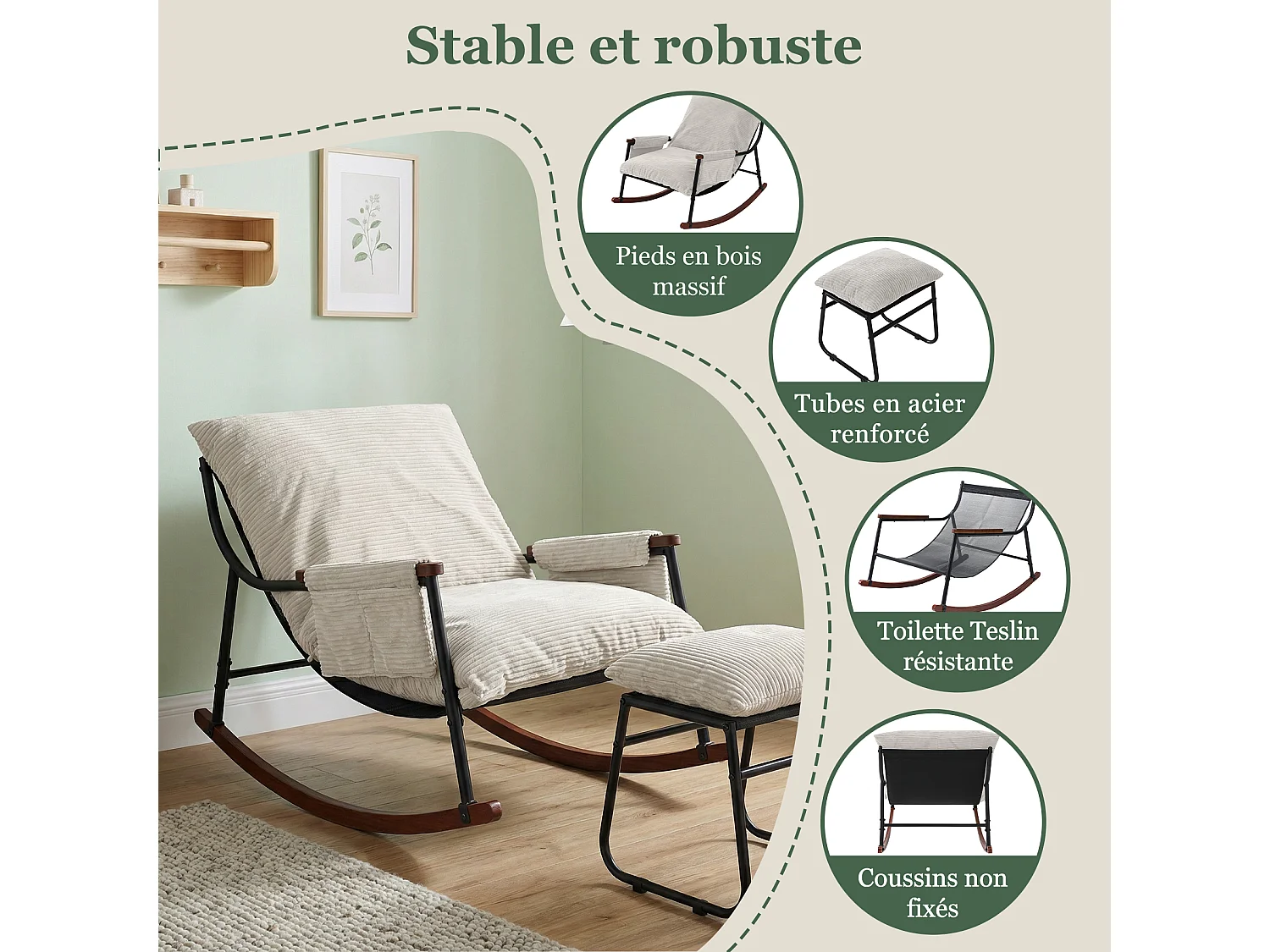 Confort Exceptionnel – Fauteuil à Bascule en Métal avec Accoudoirs en Bois et Repose-pieds, Coussin Épais de 15 cm, Design Moderne en Tissu Rayé, Idéal pour le Salo