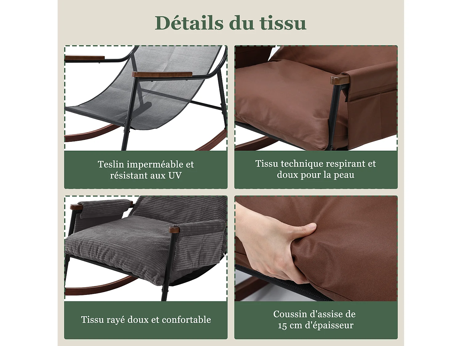 Confort Exceptionnel – Fauteuil à Bascule en Métal avec Accoudoirs en Bois et Repose-pieds, Coussin Épais de 15 cm, Design Moderne en Tissu Rayé, Idéal pour le Salo