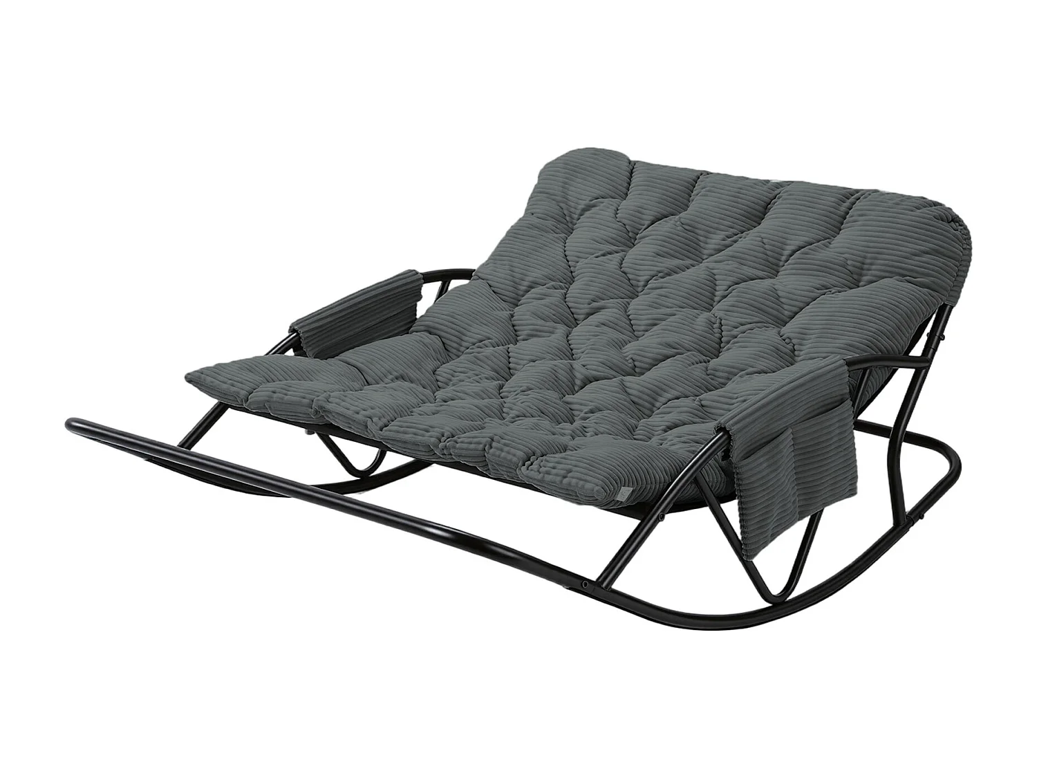 Fauteuil à bascule 2 places avec coussin en tissu rayé – chaise lounge confortable à structure en acier pour balcon, terrasse ou salon